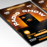 A customizable flyer template designed to promote radio station events, live broadcasts, and DJ showcases with microphone and sound wave graphics.