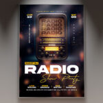 A Radio Show flyer template featuring dynamic radio-themed imagery and a bold, energetic design perfect for promoting audio entertainment.