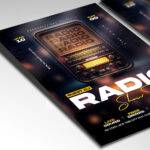 A customizable flyer template designed to promote radio shows, podcasts, and live broadcasts with microphones and sound wave graphics.