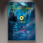 A Radio Show Party flyer template featuring dynamic radio-themed imagery and a bold, energetic design perfect for a music event.