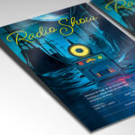 A customizable flyer template designed to promote lively events with a radio show theme, including microphones and sound waves.