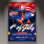 A 4th of July flyer template featuring a vibrant patriotic design with the American flag, celebratory fireworks, and bold red, white, and blue colors, perfect for Independence Day events.