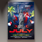 A 4th of July Party flyer template featuring a vibrant patriotic design with the American flag, celebratory fireworks, and bold red, white, and blue colors, perfect for Independence Day.