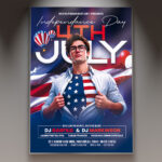 A 4th of July Event flyer template featuring patriotic red, white, and blue colors, stars, stripes, and dynamic fireworks, ideal for promoting a large-scale Independence Day celebration.