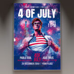 A 4th of July flyer template featuring patriotic red, white, and blue colors, stars, stripes, and celebratory fireworks, perfect for an Independence Day event.