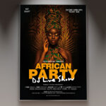 An African Party flyer template featuring a vibrant design with dynamic dancer silhouettes, bold traditional patterns, and warm, energetic colors, ideal for a festive event.