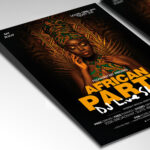 A customizable flyer template designed for African music and cultural parties, showcasing expressive typography and elements that evoke rhythmic beats and joyful celebration.