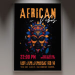 An African Vibes flyer template featuring a vibrant design with traditional African patterns, warm colors, and dynamic silhouettes of dancers, perfect for a cultural or music event.