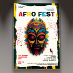 An Afro Fest flyer template featuring a vibrant design with traditional African patterns, warm colors, and dynamic silhouettes of dancers, perfect for a cultural celebration.
