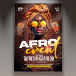 An Afro Event flyer template featuring a vibrant design with rich colors, dynamic cultural motifs, and energetic silhouettes, ideal for promoting a large-scale music festival or cultural gathering.
