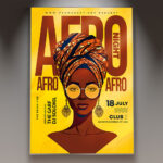 An Afro Night flyer template featuring a vibrant design with rich colors and dynamic cultural motifs, conveying rhythmic energy and excitement for a music event.