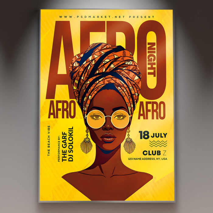 An Afro Night flyer template featuring a vibrant design with rich colors and dynamic cultural motifs, conveying rhythmic energy and excitement for a music event.