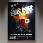 A Beer Fest flyer template featuring a lively design with frothy beer mugs, golden liquid, and hops illustrations, set against a warm, inviting background, perfect for a festival.