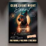 A Club Event Doberman flyer template featuring a striking image of a Doberman (or powerful dog silhouette) with intense lighting and a dark, edgy club atmosphere.