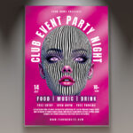 A Club Event Party flyer template featuring a dynamic design with pulsating lights and a vibrant, energetic atmosphere, perfect for promoting a club night or special party.