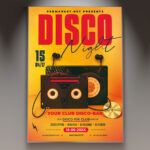 A Disco Night flyer template featuring a prominent disco ball with vibrant light reflections and dynamic motion blur, perfect for promoting a dance party.