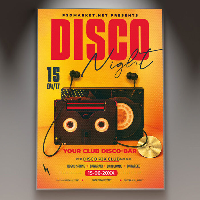 A Disco Night flyer template featuring a prominent disco ball with vibrant light reflections and dynamic motion blur, perfect for promoting a dance party.