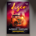 A Disco 80s flyer template featuring a vibrant design with a disco ball, geometric patterns, and neon colors, perfect for a retro-themed dance party from the 1980s.