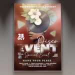 A Disco Event flyer template featuring a dynamic design with a shimmering disco ball and vibrant neon lights, conveying an energetic and captivating dance atmosphere.