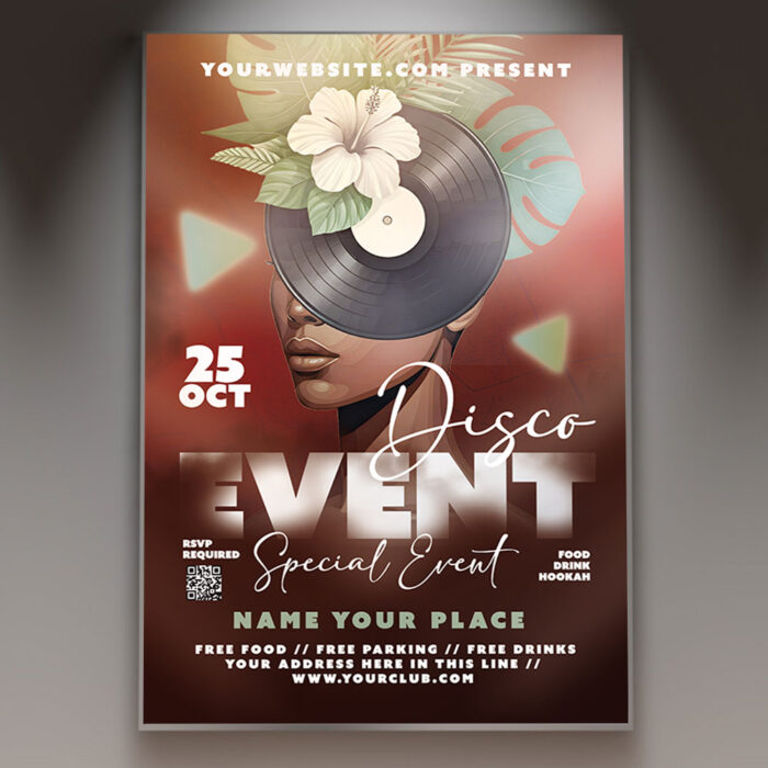 A Disco Event flyer template featuring a dynamic design with a shimmering disco ball and vibrant neon lights, conveying an energetic and captivating dance atmosphere.