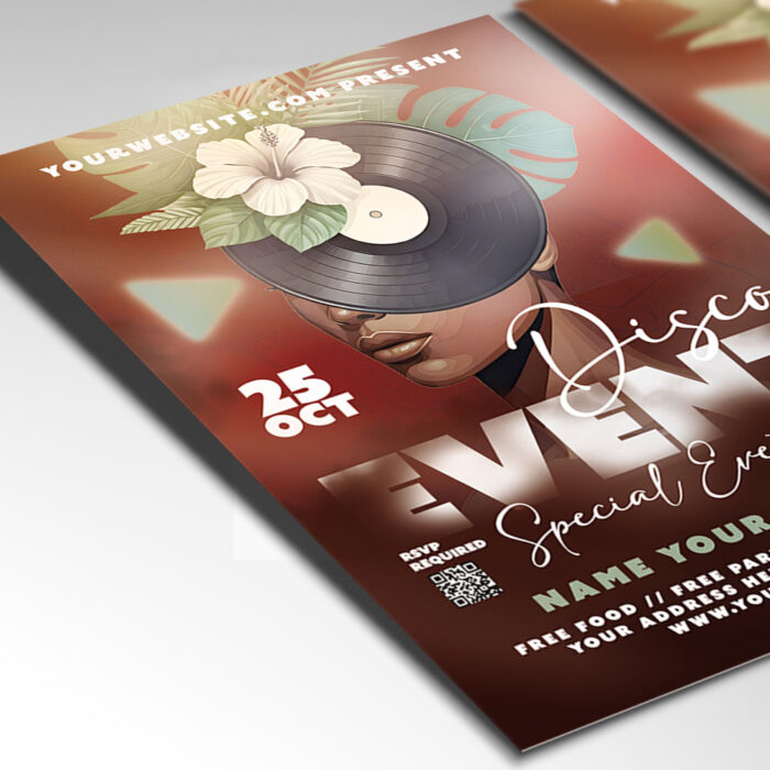 A customizable flyer template designed for retro-themed events, showcasing enthusiastic dance silhouettes and bold, funky typography.