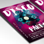 A customizable flyer template designed for retro-themed parties, showcasing dynamic dance silhouettes and bold, funky typography.
