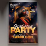 A Graduation Party flyer template featuring a celebratory design with a graduation cap, diploma, and festive confetti, set against a bright, optimistic background.