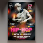 A Hip Hop Party flyer template featuring a dynamic urban design with bold graffiti typography, neon accents, and a sense of raw energy, perfect for promoting a club event.