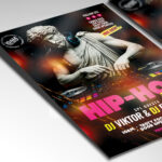 A customizable flyer template designed for hip hop concerts and DJ nights, showcasing cityscapes, microphone imagery, and a vibrant, edgy atmosphere.