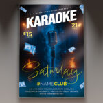 A Karaoke Event flyer template featuring a dynamic stage with a glowing microphone and spotlights, surrounded by musical notes and vibrant energy, perfect for a singing competition or fun night.