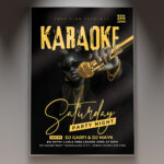 A Karaoke Saturday flyer template featuring a vibrant stage with a glowing microphone and spotlights, surrounded by musical notes, perfect for a singing event.
