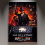 A Mafia Event flyer template featuring a sleek, dark design with a fedora hat, a vintage car silhouette, and smoky accents, perfect for a mysterious themed party.
