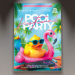 A Pool Fest flyer template featuring a large, vibrant swimming pool scene with many people enjoying themselves, indicating a lively music festival or large summer event.