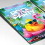 A customizable flyer template designed for major poolside festivals, showcasing dynamic lighting, stage elements, and energetic crowd silhouettes to convey a grand scale.