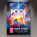 A Pool Night flyer template showcasing a swimming pool illuminated by ambient blue and purple lights at dusk, with subtle water reflections, perfect for an evening event.