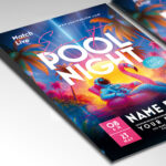 A customizable flyer template designed for nighttime poolside parties, featuring chic silhouettes and modern typography, emphasizing a glamorous and sophisticated atmosphere.