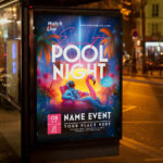 An alluring and attention-grabbing invitation template, ready for personalization for a "Pool Night," promising an unforgettable evening of music, lights, and nocturnal fun by the water.