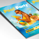 A customizable flyer template designed for poolside parties, showcasing palm trees, sunny lighting, and dynamic typography to evoke a fun and refreshing atmosphere.