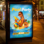 A bright and inviting invitation template, ready for personalization for a "Pool Party," promising an afternoon or evening of cool vibes, good music, and summer fun.