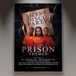 A Prison Party flyer template featuring a dark and gritty design with prison bars, barbed wire, and distressed textures, perfect for a themed club night or Halloween event.