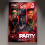 A Rap Party flyer template featuring a dynamic design with a glowing microphone, large speakers, and graffiti-inspired text, set against an urban backdrop, perfect for a hip-hop event.
