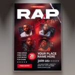 A Rap Show flyer template featuring a dynamic stage setting with bright spotlights illuminating a microphone, surrounded by an energetic crowd silhouette, perfect for a live concert.