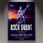 A Rock Event flyer template featuring a powerful design with an electric guitar and fiery visual effects, conveying high energy and excitement for a concert.