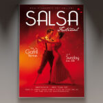 A Salsa 2025 flyer template featuring a vibrant design with dynamic dancer silhouettes, warm colors, and elegant typography, perfect for promoting a Latin dance event.