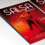 A customizable flyer template designed for salsa nights and dance festivals, showcasing musical instruments and a passionate, rhythmic atmosphere.