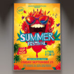 A Summer Festival flyer template featuring a vibrant design with bright colors, abstract shapes, and energetic crowd silhouettes, perfect for promoting an outdoor event.