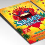 A customizable flyer template designed for music, food, or art festivals, showcasing lively summer elements like sunshine and festive graphics.