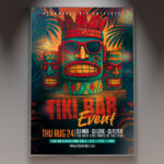 A Tiki Bar Event flyer template featuring a vibrant design with playful tiki masks, lush palm trees, and exotic drinks, perfect for a tropical-themed gathering or party.