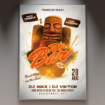 A Tiki Bar Party flyer template featuring a vibrant design with playful tiki masks, lush palm trees, and refreshing cocktails, perfect for a tropical-themed event.
