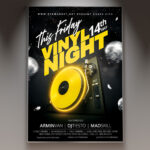A Vinyl Night flyer template featuring a nostalgic design with a prominent vinyl record and turntable, set against a warm, vintage-inspired background, perfect for a music event.